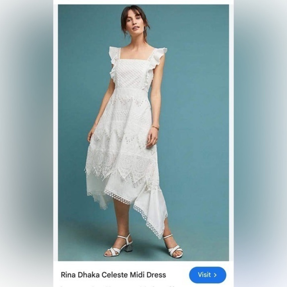 Anthropologie White Asymmetrical Ruffled Midi Dress